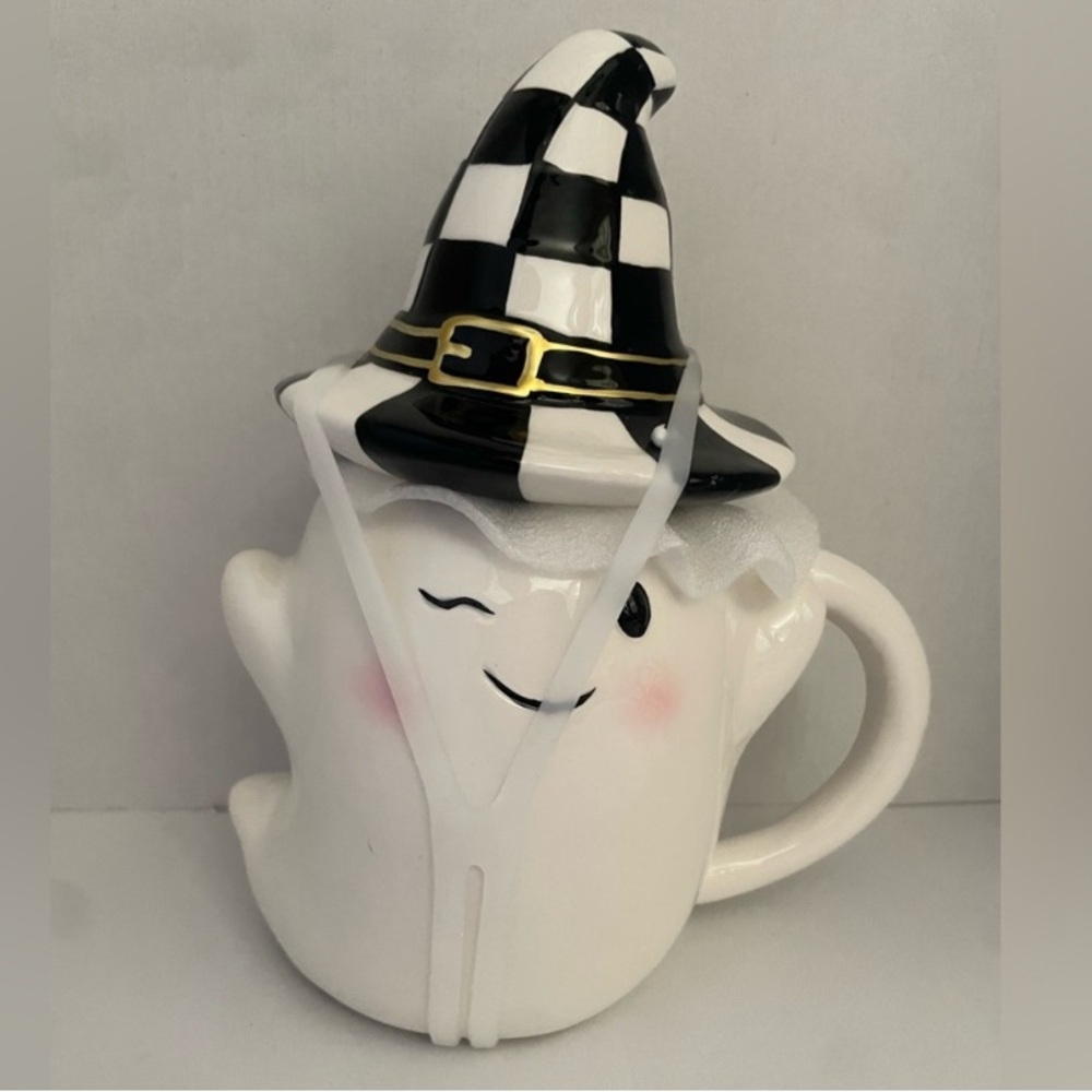 Halloween ghost and witch hat lid coffee tea cup black and white checker pattern